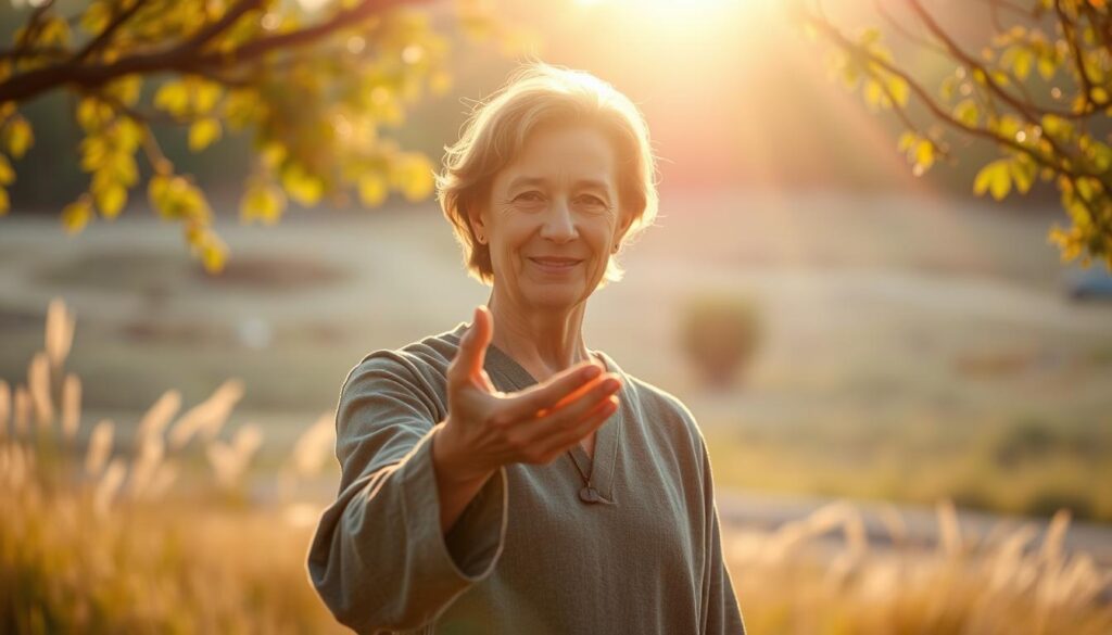 A caring, compassionate figure stands amidst a serene, sun-dappled setting. Soft, warm light illuminates their gentle expression as they extend a hand in a gesture of empathy and understanding. The figure's posture radiates kindness and concern, inviting the viewer to connect with their profound sense of humanity and dignity. In the background, a simple, uncluttered landscape suggests a tranquil, contemplative atmosphere conducive to introspection and spiritual growth. The overall mood is one of comfort, solace, and the profound power of compassion to uplift and restore.