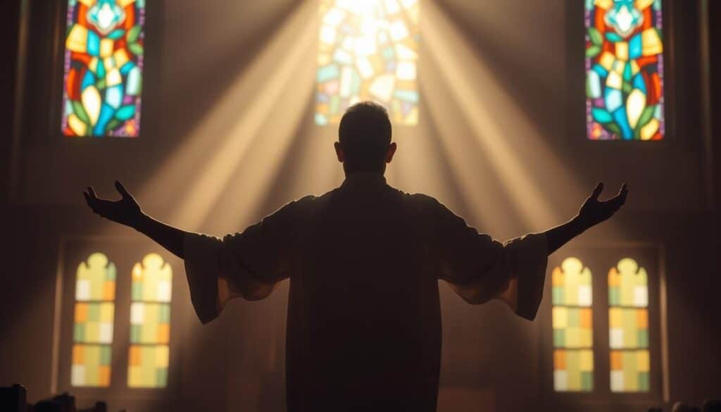 A compassionate liturgy unfolds in a sacred, dimly lit space. At the center, a figure stands with outstretched arms, radiating warmth and empathy. Soft, diffused light bathes the scene, creating an atmosphere of contemplation and healing. In the background, abstract patterns of stained glass windows cast gentle, colorful hues, symbolizing the grace and protection of the divine. The composition is balanced, with a sense of reverence and care permeating the entire frame. The resulting image should convey a profound sense of spiritual comfort and restoration, reflecting the practical applications for contemporary Christian communities.