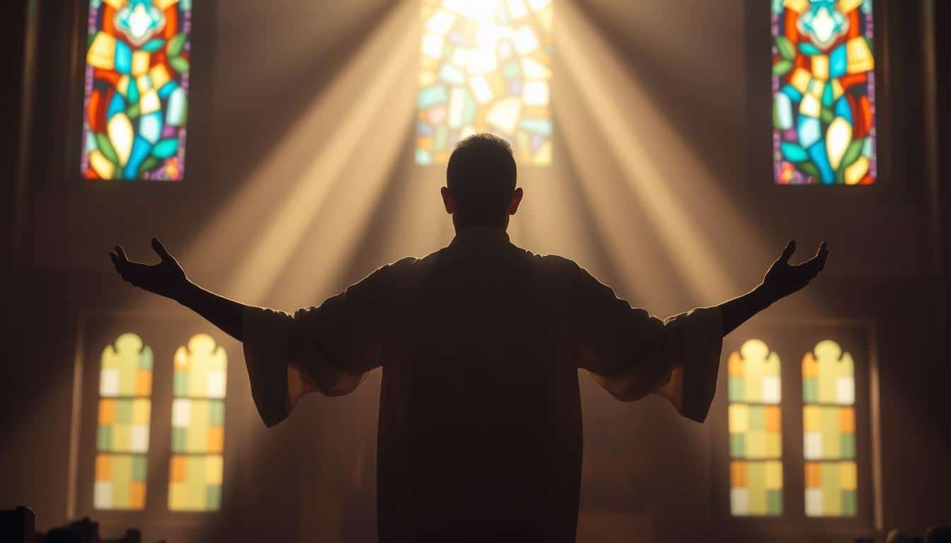 A compassionate liturgy unfolds in a sacred, dimly lit space. At the center, a figure stands with outstretched arms, radiating warmth and empathy. Soft, diffused light bathes the scene, creating an atmosphere of contemplation and healing. In the background, abstract patterns of stained glass windows cast gentle, colorful hues, symbolizing the grace and protection of the divine. The composition is balanced, with a sense of reverence and care permeating the entire frame. The resulting image should convey a profound sense of spiritual comfort and restoration, reflecting the practical applications for contemporary Christian communities.