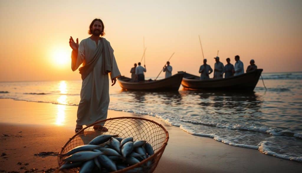 Encontro com Jesus na praia durante a pesca milagrosa Encontro com Jesus na praia durante a pesca milagrosa