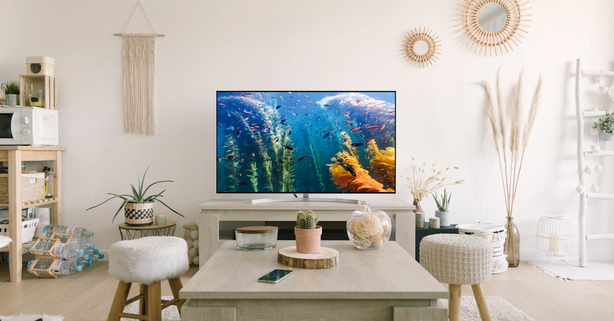 black flat screen tv turned on near white wooden table