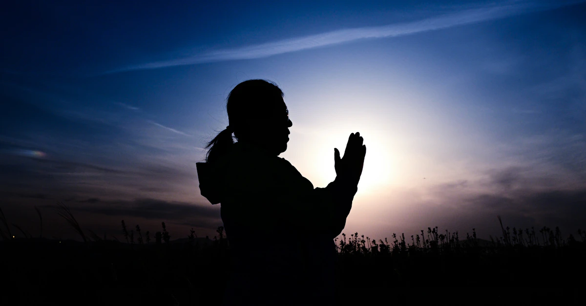 a woman standing in a field at sunset
